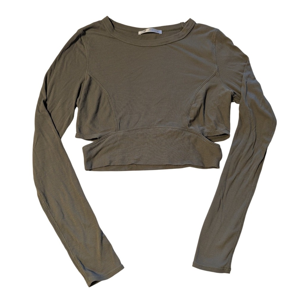 Cupshe Women's Size‎ Small Cutout Crop Top Ribbed Long Sleeve Boho Olive Green